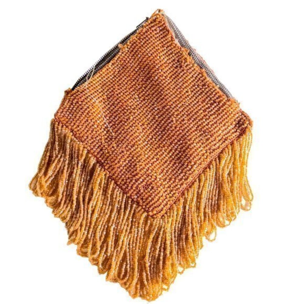 Antique Glass Crystal Beaded Clutch Triangle Fringe Handbag Art Deco Victorian